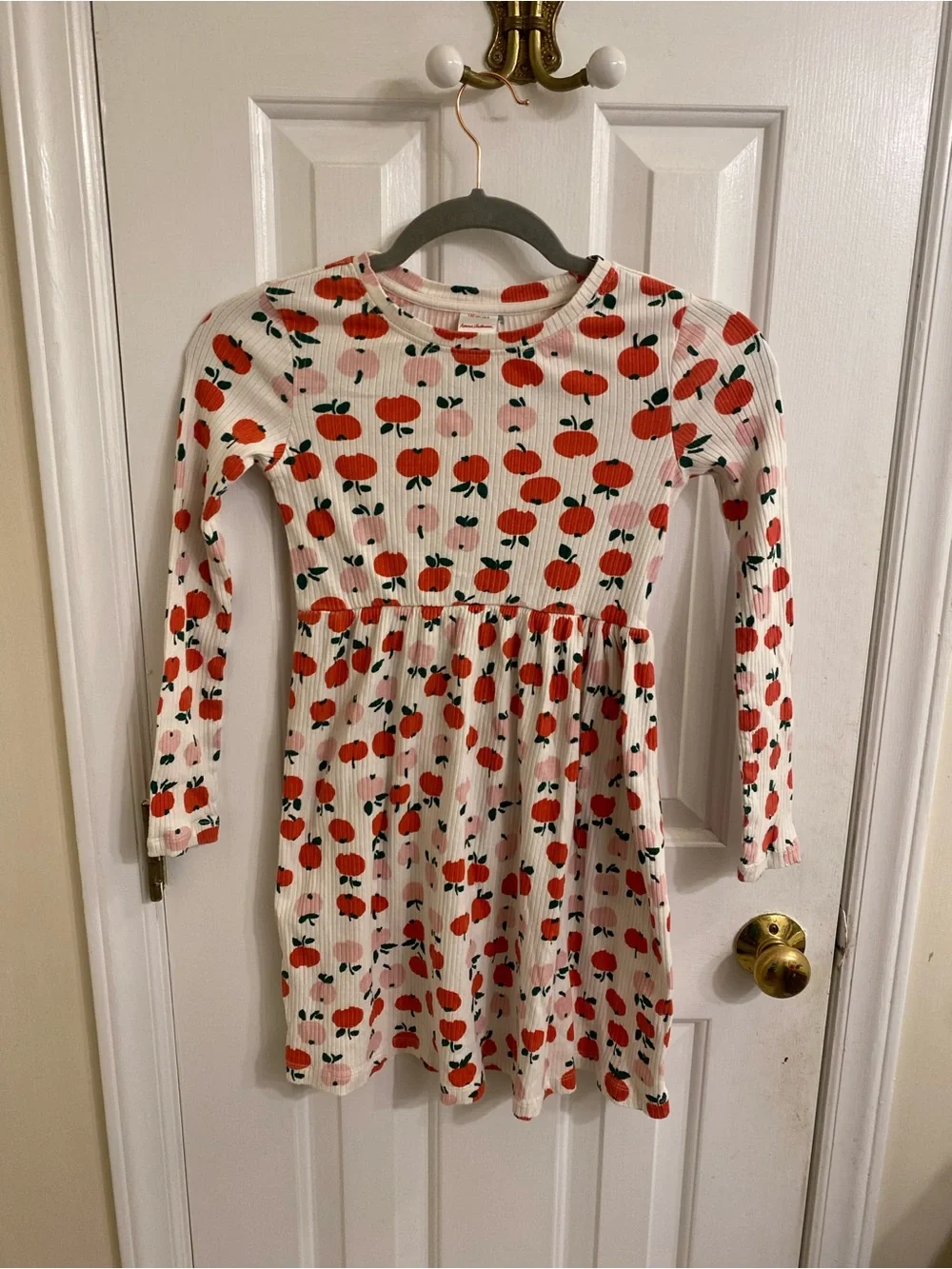 HANNA ANDERSON Girls 8 Long Sleeve Apple Fall Dress Cream w/ Red Apple Pattern